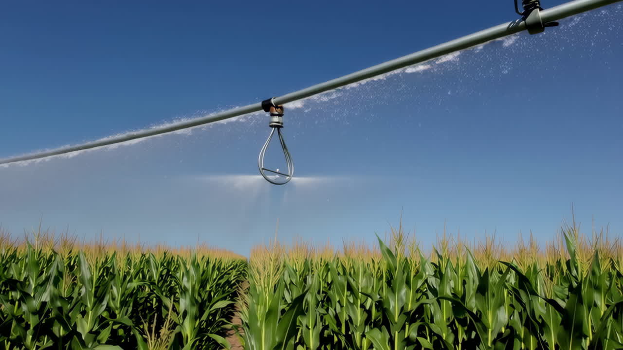 Irrigation system watering a green cornfield under a clear blue sky