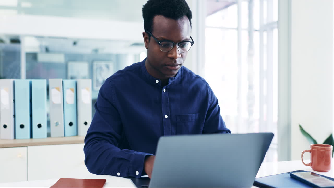 Laptop, business and black man doing research