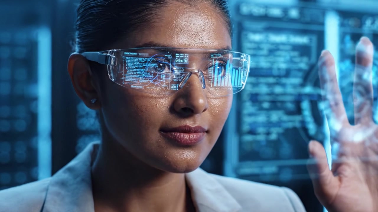 Focused Intellect: A Female Professional Engaged with Augmented Reality Displays in a High-Tech Environment, Merging Technology with Human Insight for Future Innovation