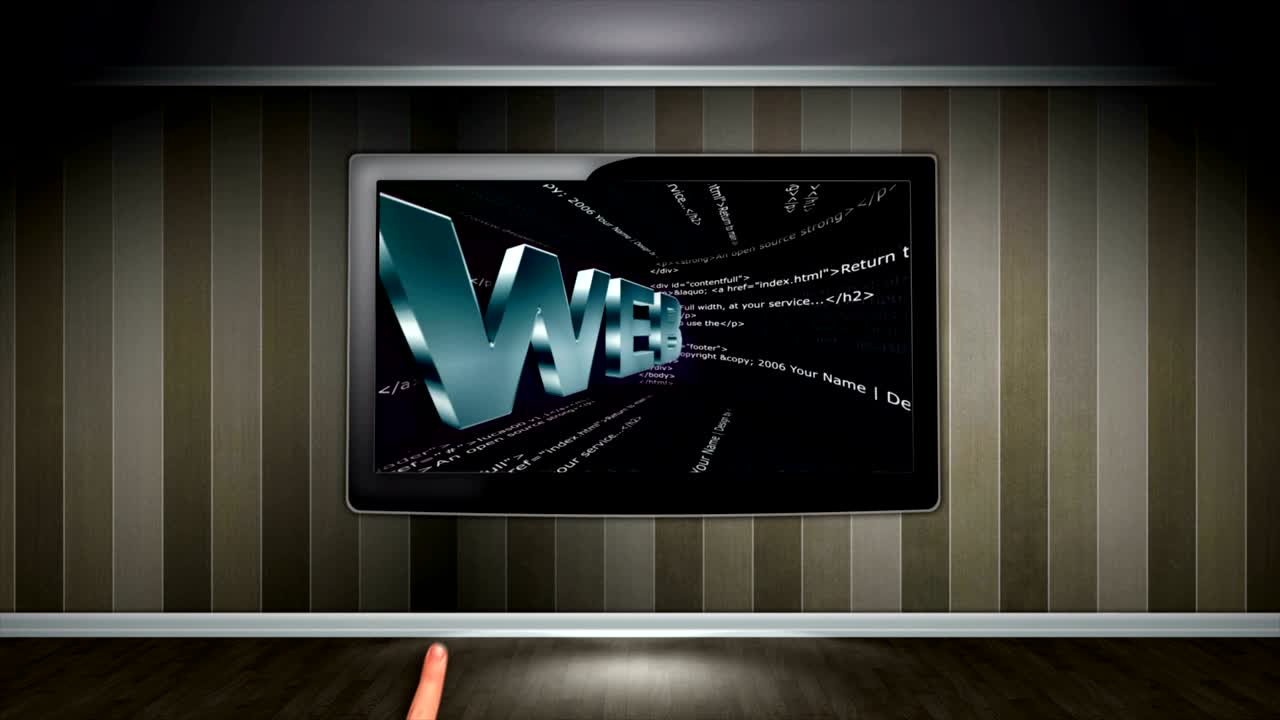 WEB-Textanimation und HTML-Code auf Monitor und im Raum, Rendering, Hintergrund, Loop