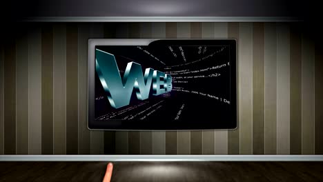 web text animation and html code in monitor and room, rendering, background, loop