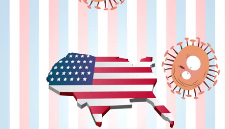 animation of coronavirus cells over usa map coloured with american flag