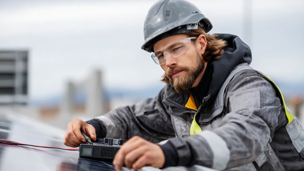 A skilled technician inspects solar panels, utilizing advanced tools to ensure optimal performance and efficiency in renewable energy systems, showcasing dedication to sustainability and innovation