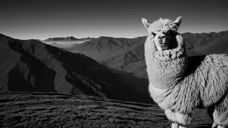 black and white mountain landscape with alpaca