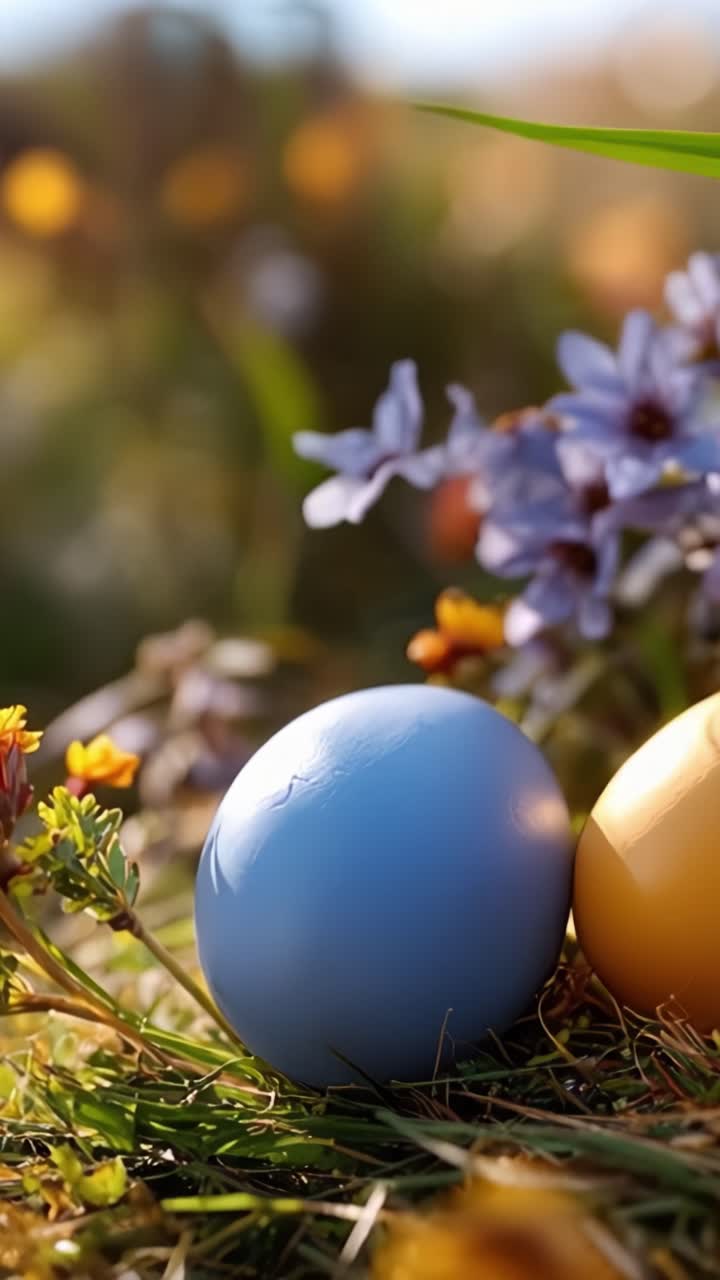 Colorful Easter Eggs Decorated Among Vibrant Blossoms in a Sunlit Flower Field, Emphasizing Springtime Joy and Festivity in Nature's Beautiful Setting