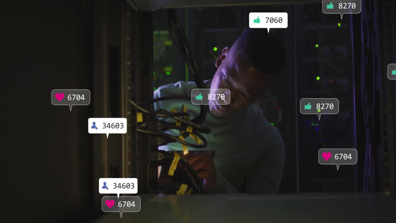 In school, animation technician working on server cables with notifications overlay
