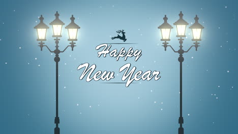 Animated-closeup-Happy-New-Year-text-white-snowflake-and-street-lights-on-snow-background