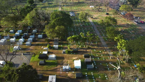 Aerial-view-over-tombstones-and-graves-in-the-Manila-memorial-park,-Philippines