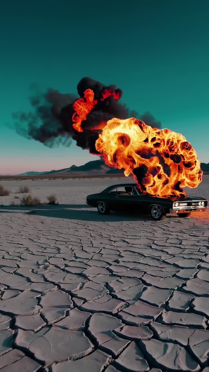 Vintage black muscle car burning intensely, engulfed in roaring flames against barren desert backdrop, black smoke rising menacingly from crumpled hood