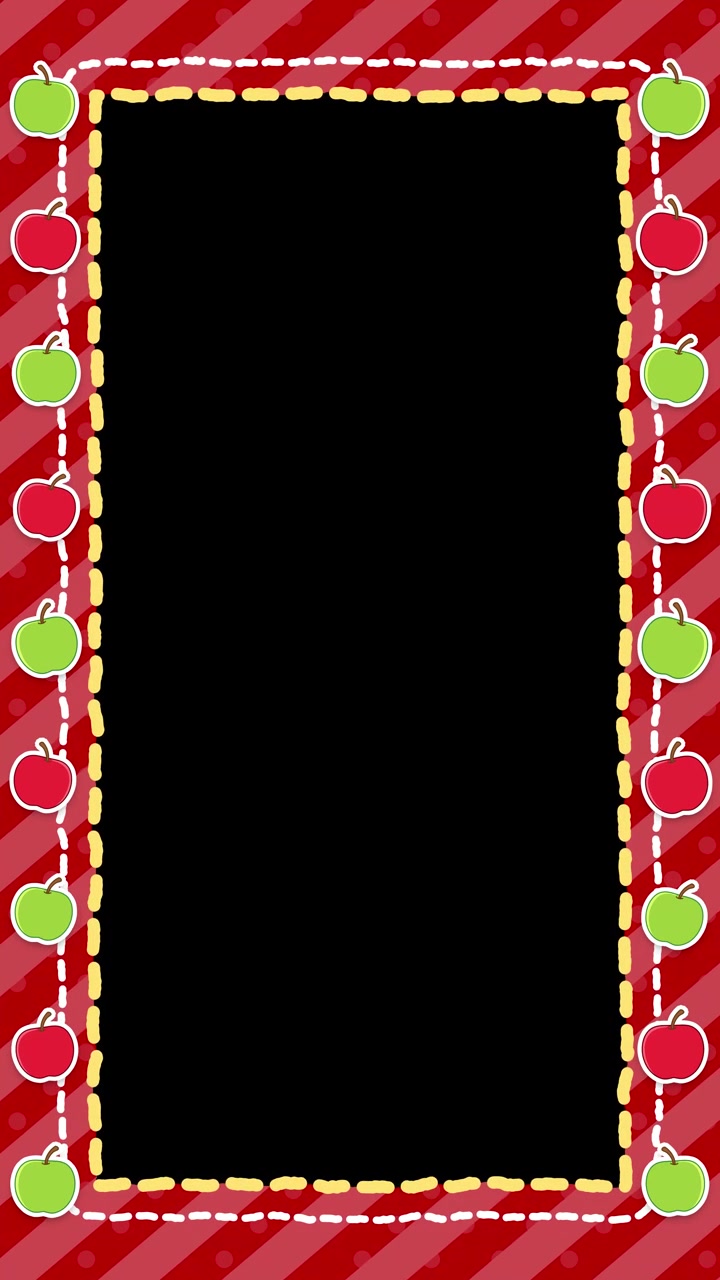 Stitched red striped border with apple graphics forms a looping vertical video frame overlay.