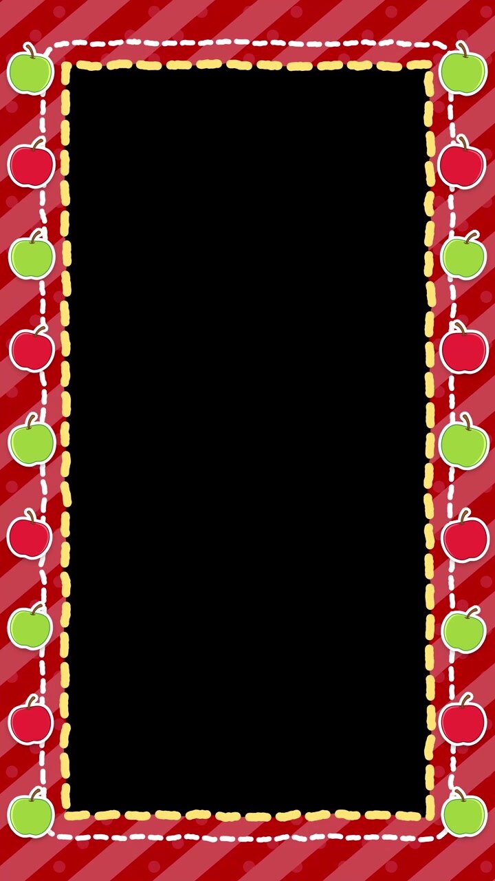 Stitched red striped border with apple graphics forms a looping vertical video frame overlay.