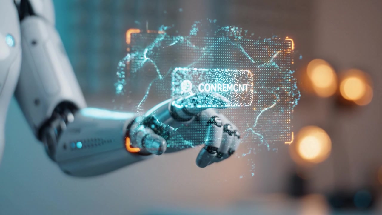 Futuristic robotic arm interacting with a holographic interface, showcasing advanced technology in a modern, sleek environment designed for innovation and creativity.