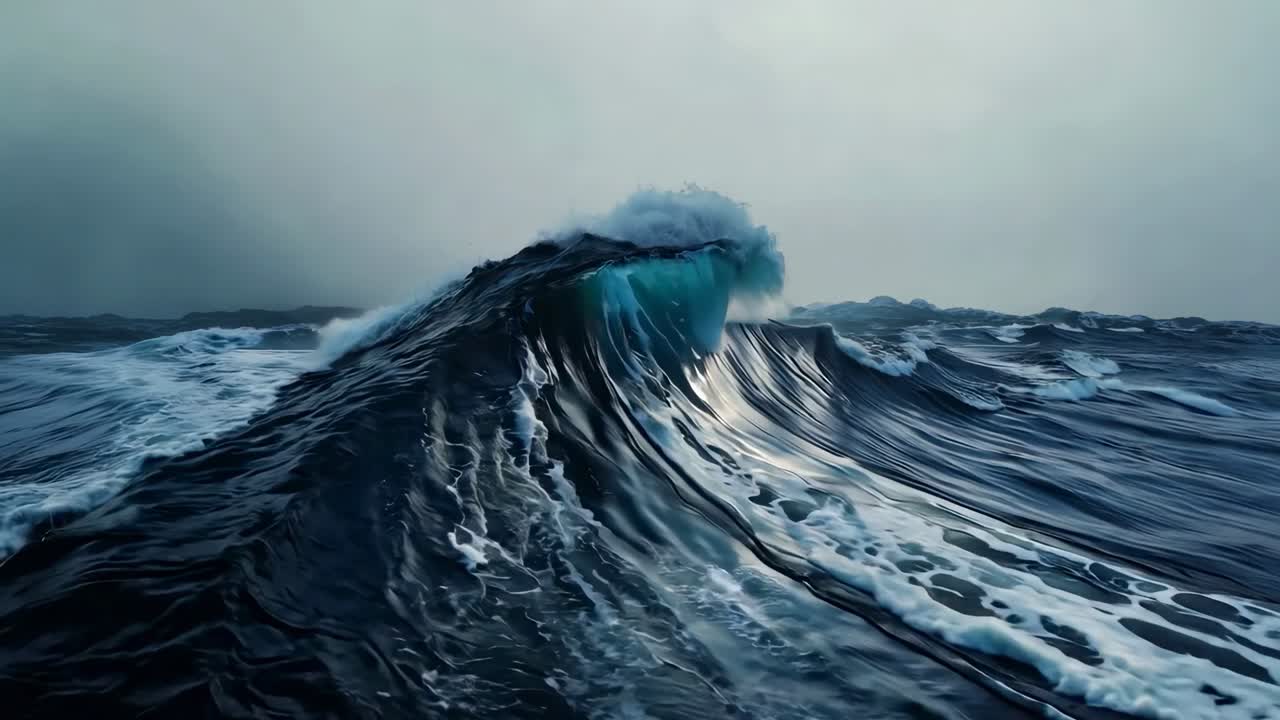 Dynamic low-angle shot of a towering ocean wave, capturing the raw power and movement, reminiscent