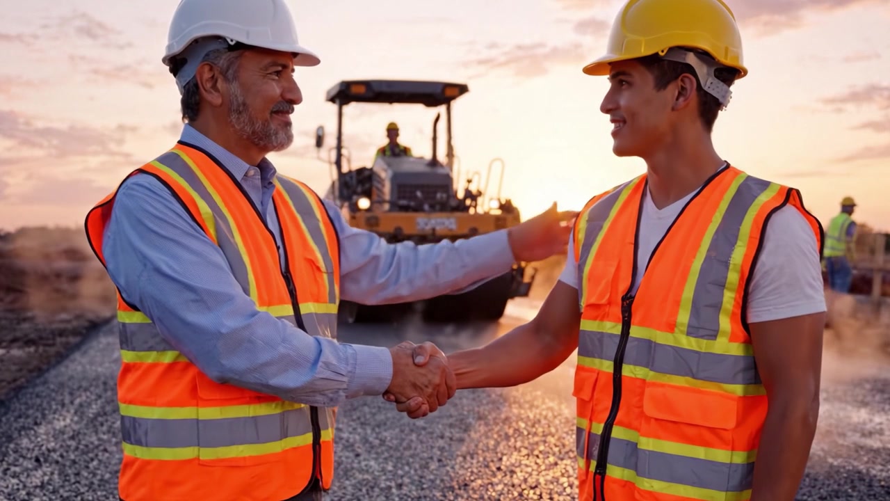 Two construction workers, a mentor and apprentice, capturing a moment on a job site at sunset, showcasing camaraderie and dedication to building the future.