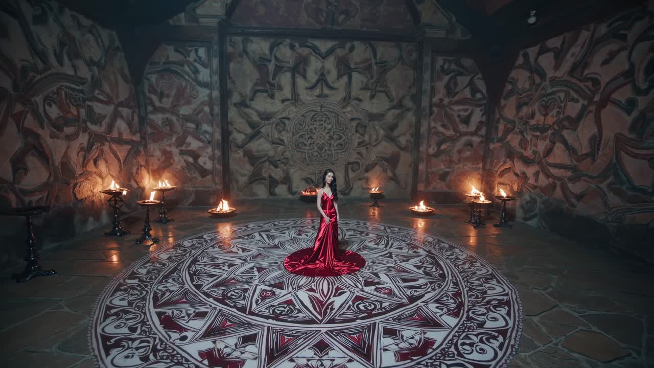 Woman wearing an elegant red dress stands on a large, ornate mandala in the center of an ancient temple, surrounded by burning torches, creating a mystical and spiritual atmosphere