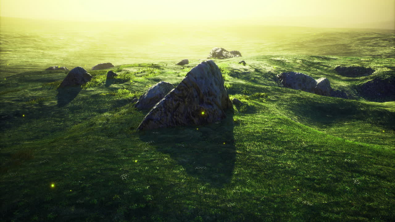 Sunset view over lush green hills with rocky formations in the distance