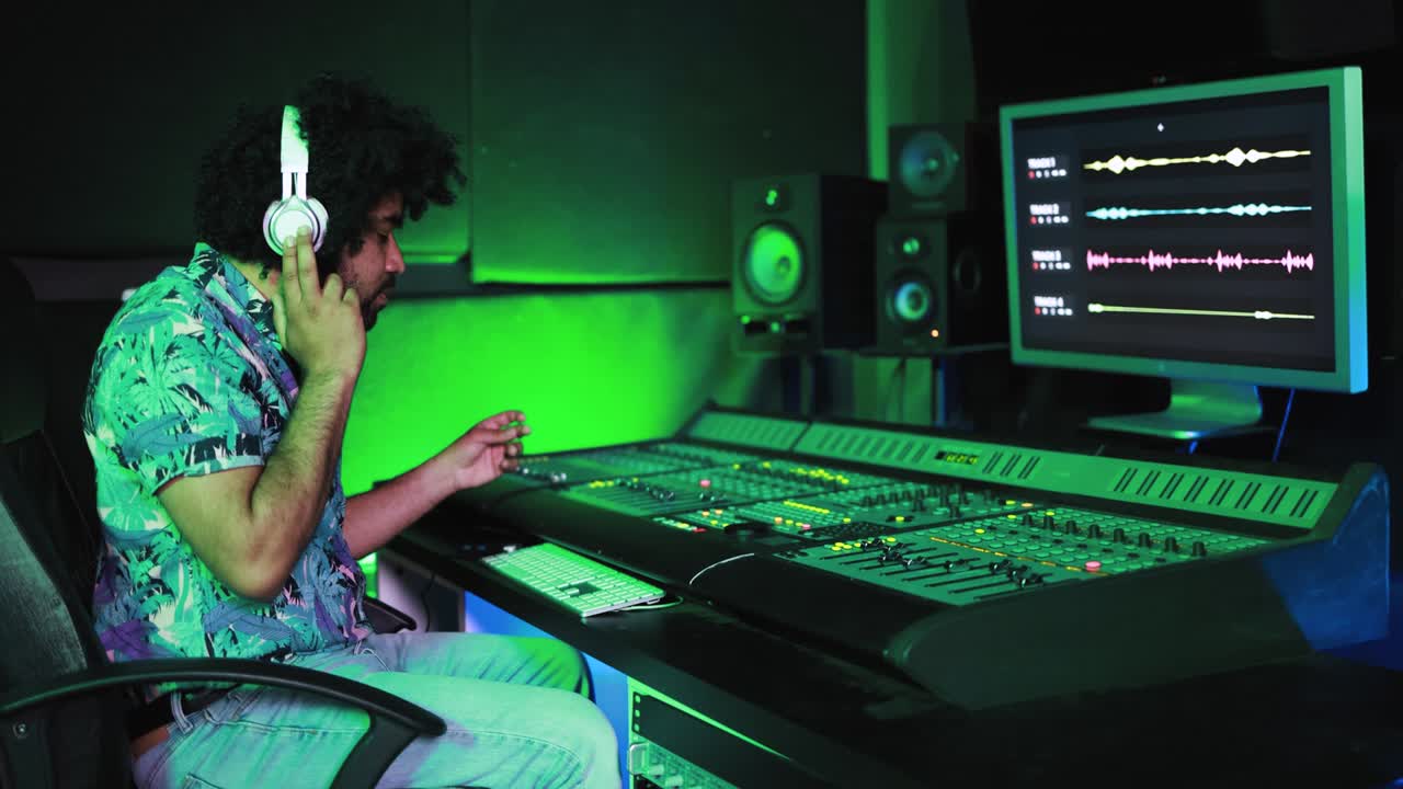 Musician and sound male engineer mixing new album inside boutique recording studio - Technology and music industry concept