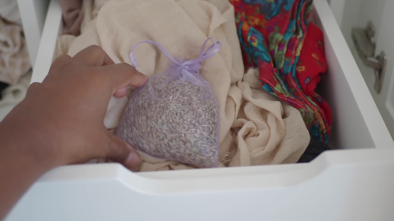 Persona che sistema un cassetto con vestiti e un sacchetto di lavanda