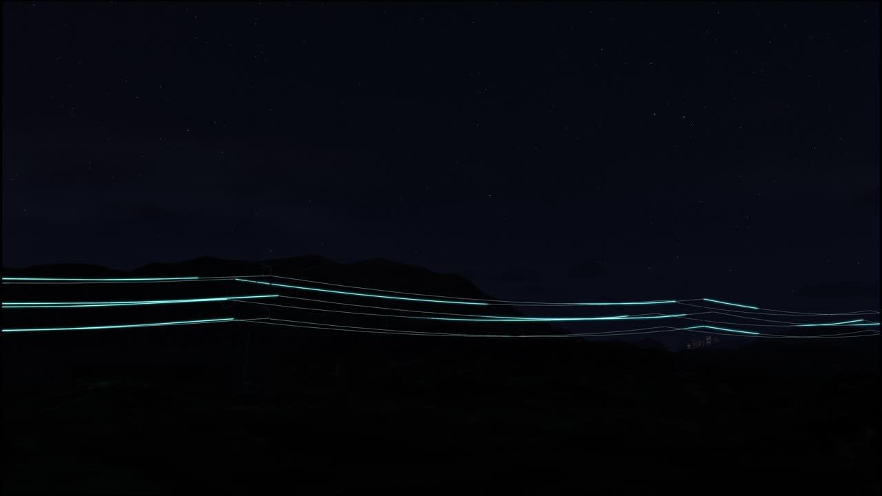 líneas de transmisión de energía con visualización digital 3d de la electricidad. imágenes escénicas con el cielo nocturno lleno de estrellas brillantes. concepto de energía verde renovable y entorno ecológico limpio