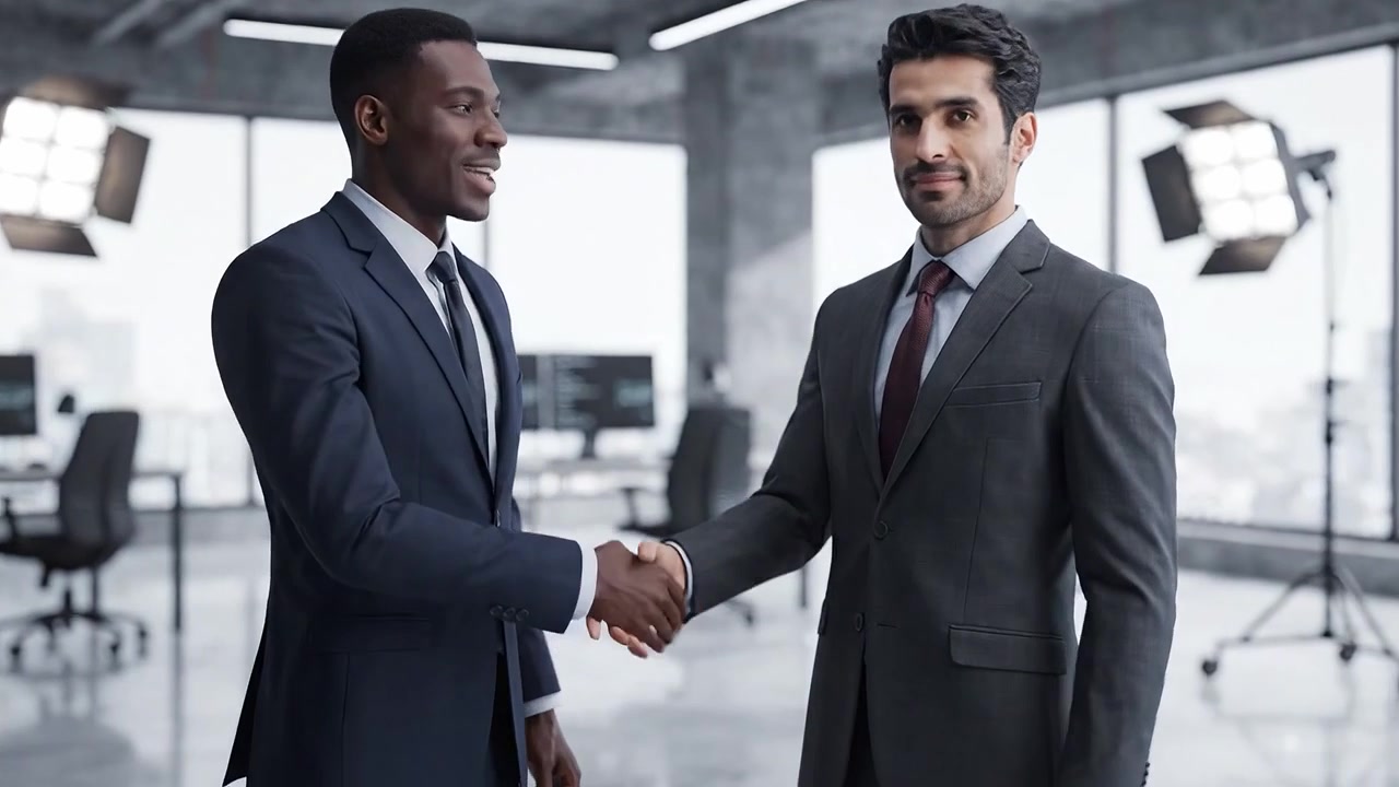 Professional Interaction: Two Businessmen Engaging in a Friendly Conversation and Handshake in a Modern Office Setting Symbolizing Collaboration and Deal-Making