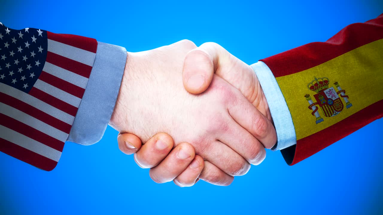United States - Spain / Handshake concept animation about countries and politics / With matte channel