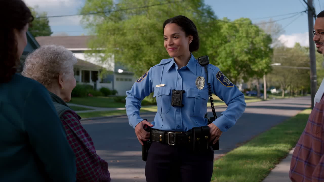 Police officer engaging with citizens on a residential street