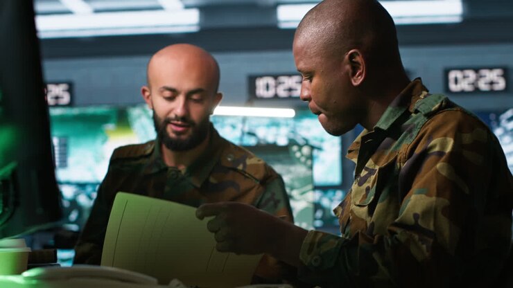 Agenti militari che lavorano in squadra guardano i file delle cartelle dell'intelligence.