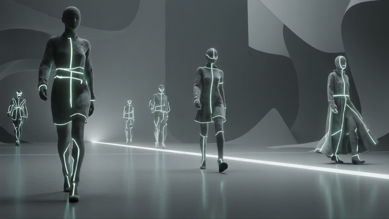 A Stunning Display of Futuristic Fashion: Models Showcase Innovative Designs with Glowing Accents on a Modern Runway, Blending Technology and Style in a Captivating Atmosphere