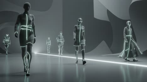 a stunning display of futuristic fashion: models showcase innovative designs with glowing accents on a modern runway, blending technology and style in a captivating atmosphere