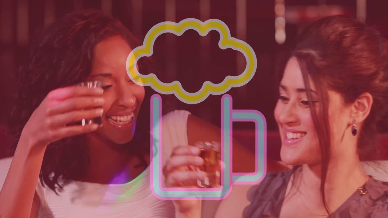 animación del icono de la cerveza sobre diversos amigos bebiendo en una fiesta