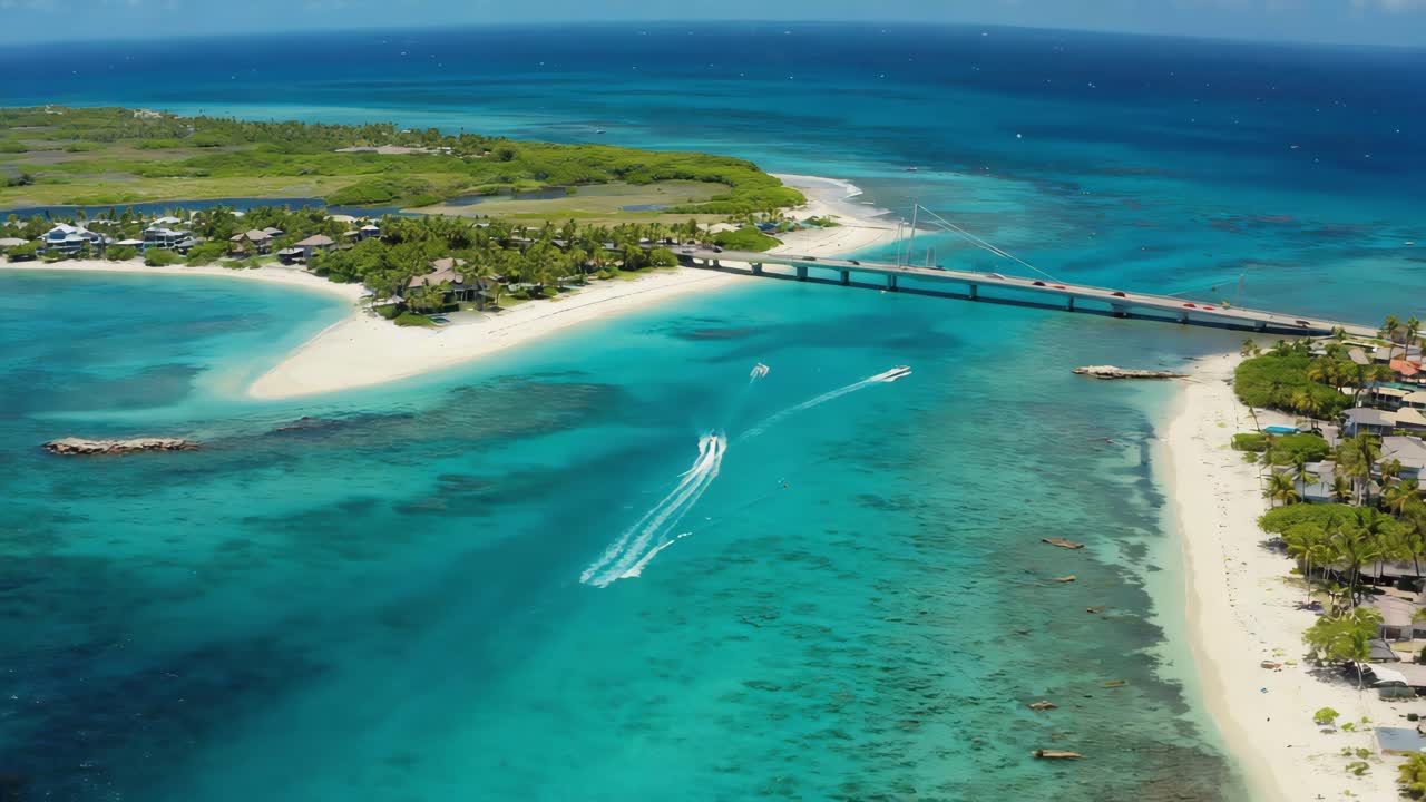 Aerial View of Tropical Island with Bridge and Boats