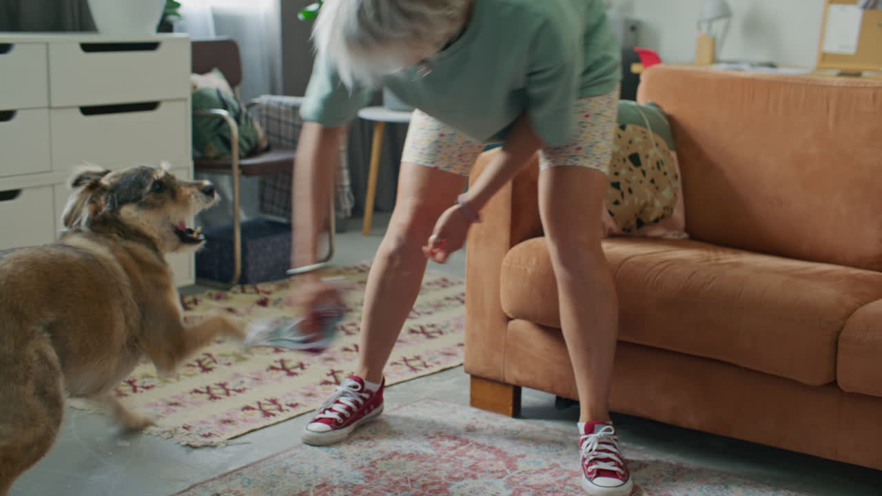 Young Woman Playing with Energetic Mixed Breed Dog at Home