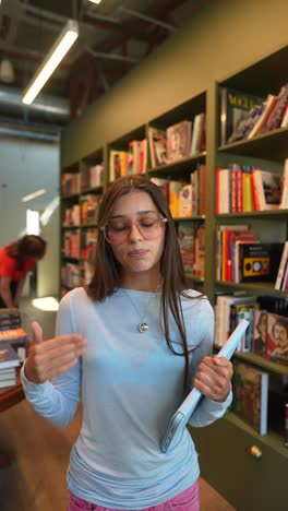 young woman browsing a bookstore cafe