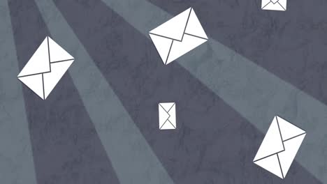 Animation-of-envelope-email-icons-falling-over-rotating-grey-stripes-moving-in-seamless-loop