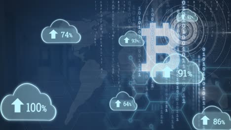 Cloud-icons-and-bitcoins-symbol-over-world-map-against-blue-background