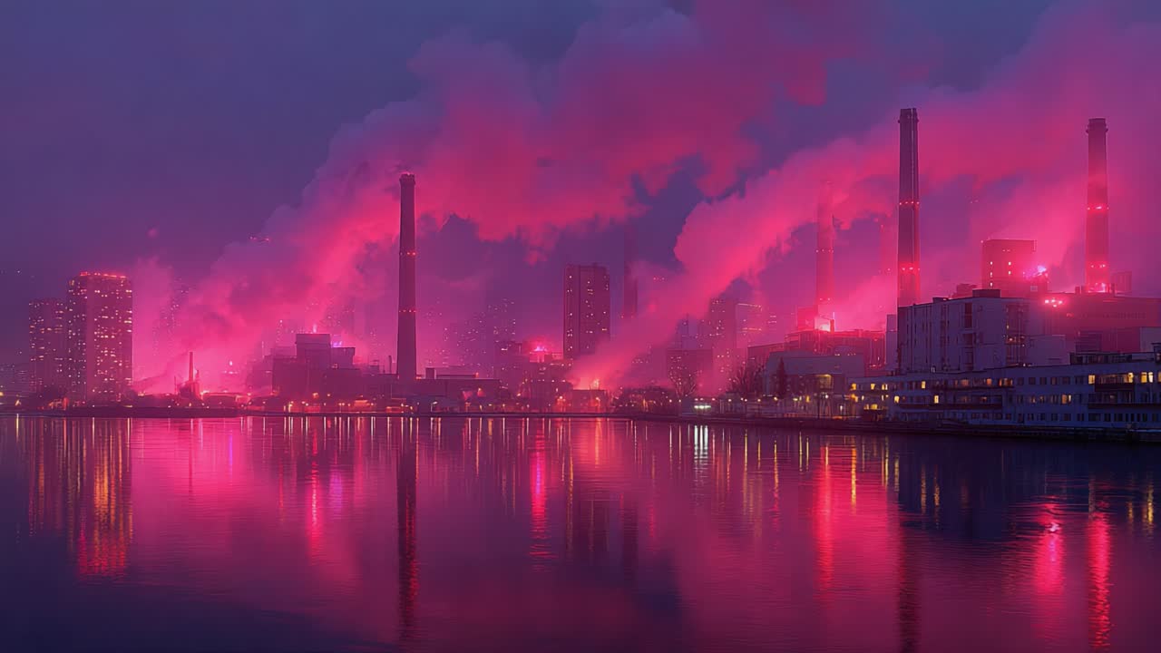 A mesmerizing industrial landscape at dusk, showcasing towering smokestacks amidst vibrant pink-hued smoke reflecting on the water, creating a surreal atmosphere of beauty and industry