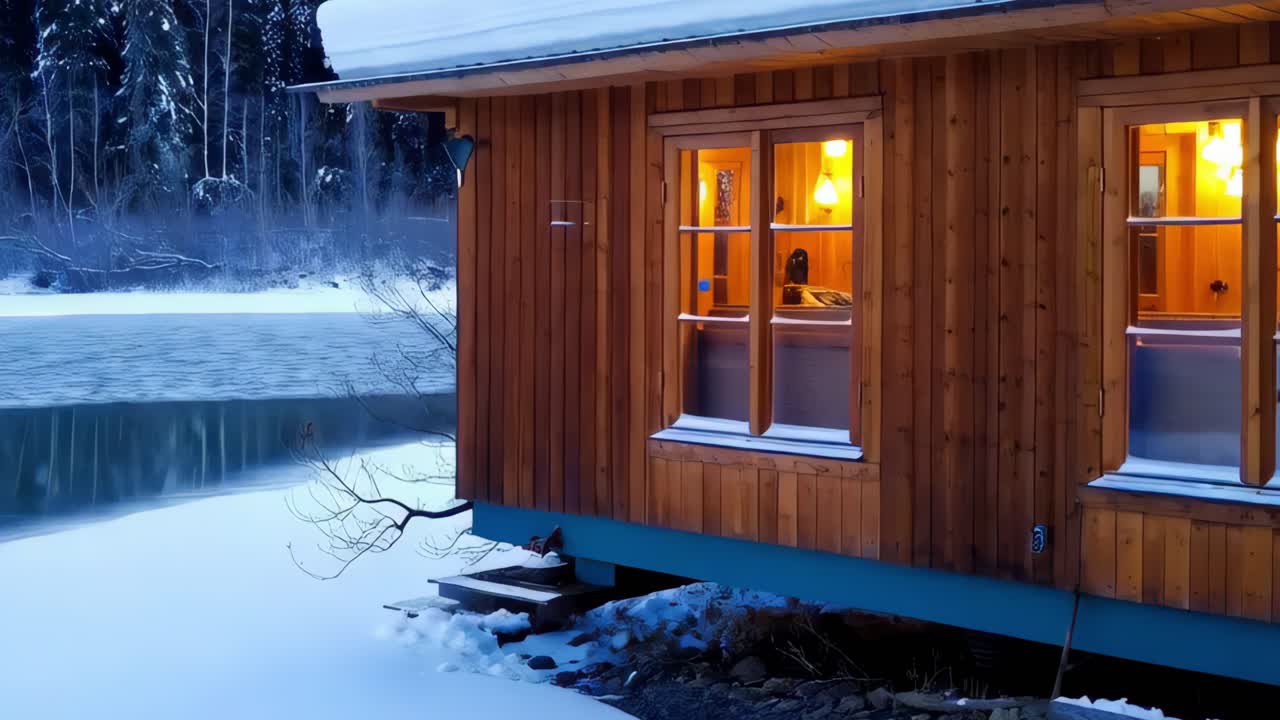 cabaña acogedora junto a un río congelado en invierno