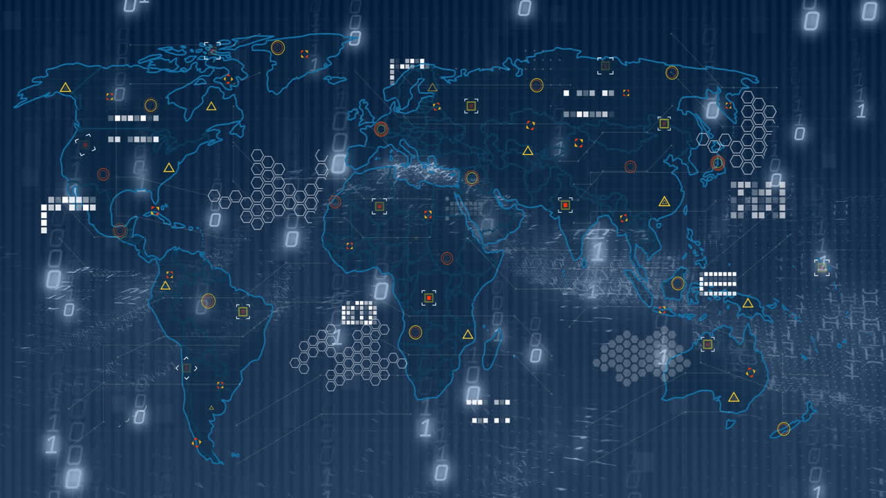 Animation of digital world map with data points and binary code overlay