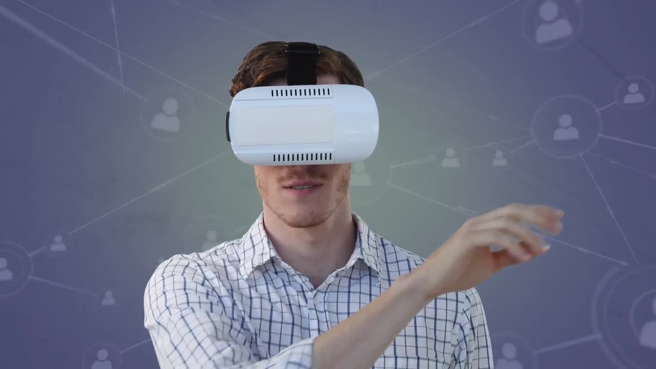 animación de un hombre de negocios con auriculares vr y redes de conexiones sobre fondo azul