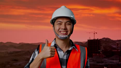 primer plano de ingeniero masculino asiático con casco de seguridad sonriendo y mostrando los pulgares hacia arriba gesto a la cámara mientras está de pie en el sitio de construcción, maquinaria de minería