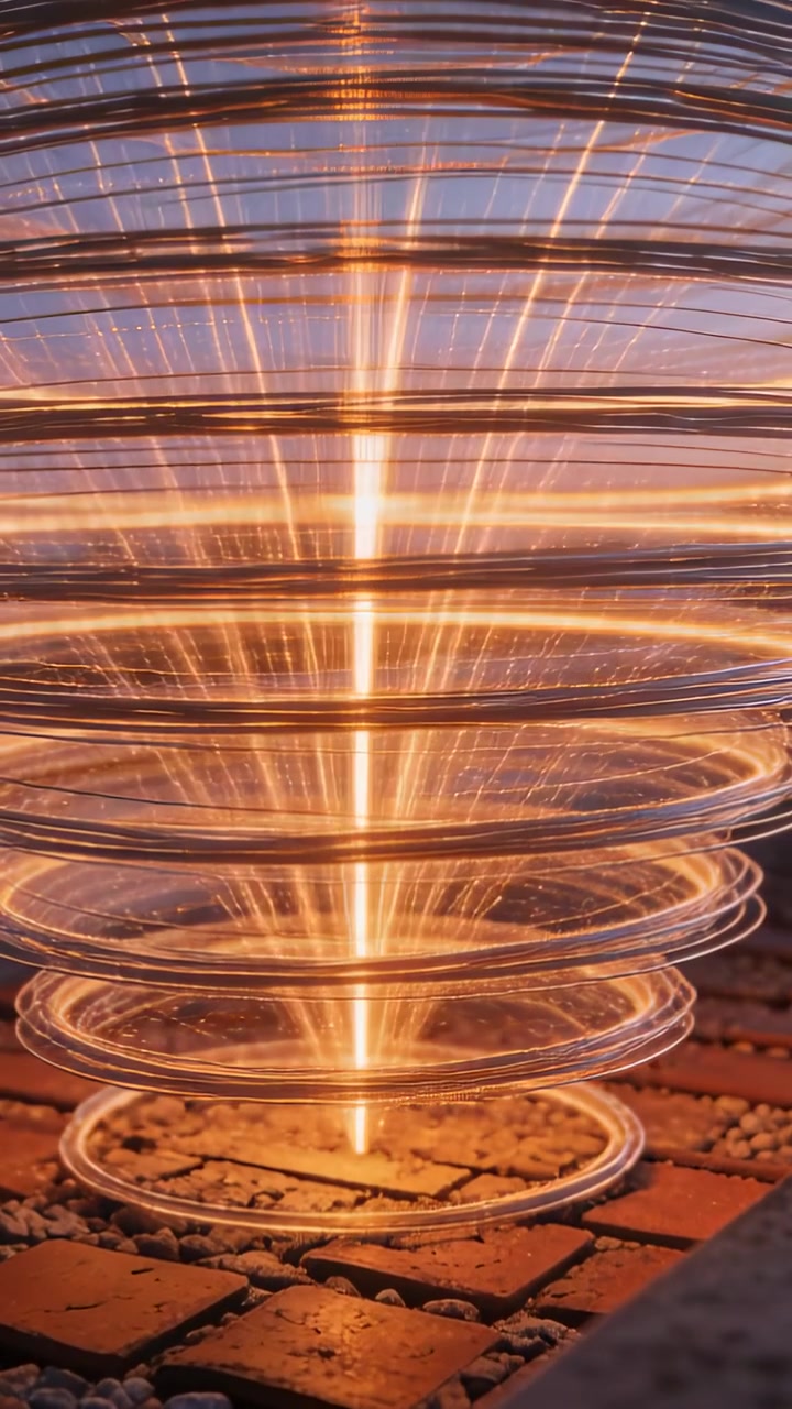 Vertical video: Forming rings coiling upward energy beam rising from grate, forming vortex on tiles