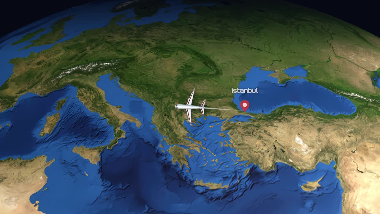 Satellite view animation follows a commercial airplane flying across Europe from Istanbul to Madrid