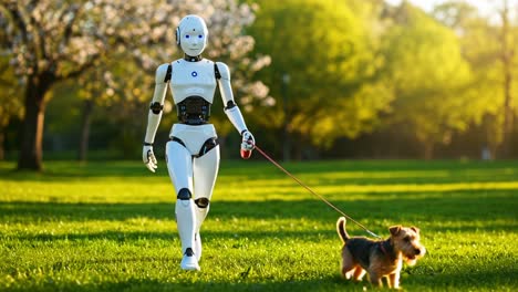 a humanoid robot takes a leisurely stroll in a vibrant park, showcasing the harmonious blend of technology and nature as it walks a small dog on a sunny day
