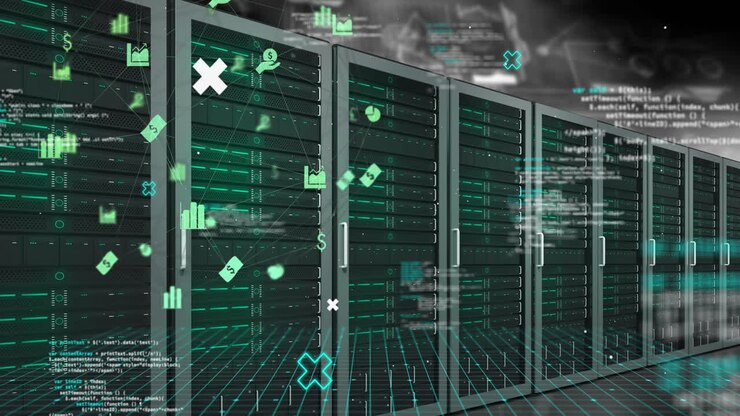 Animation of data processing and media icons over server room
