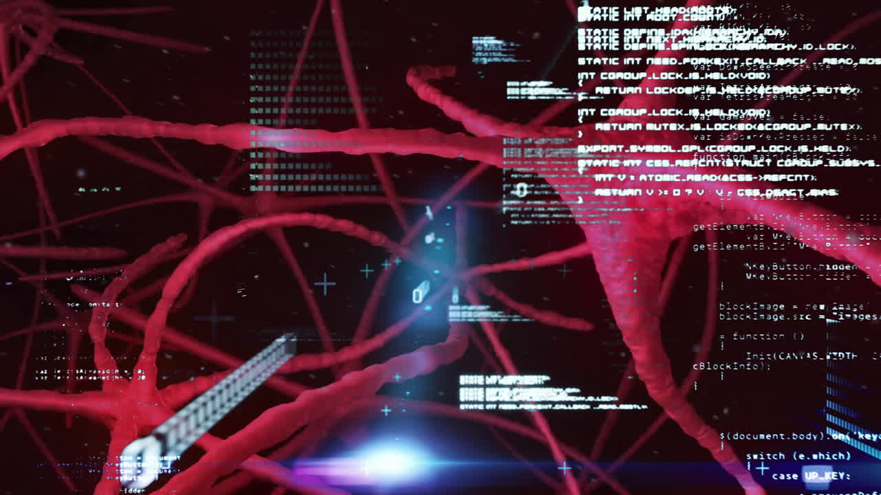 Red neural network animation over digital code and data processing elements