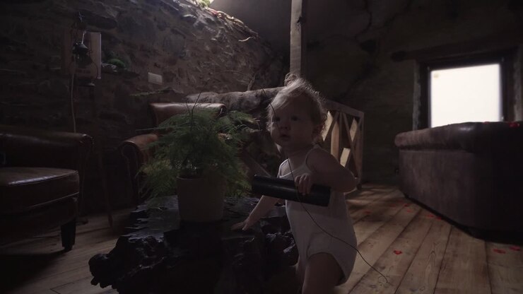 Baby går rundt i stuen med fjernbetjeningen til fjernsynet.