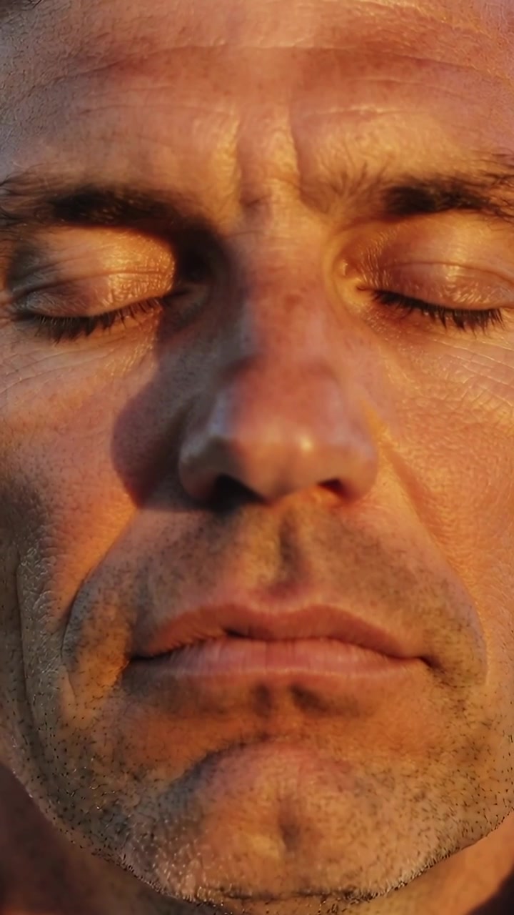 Vertical video: Breathing man resting in closeup, showing jaw shifts, warm light shifting