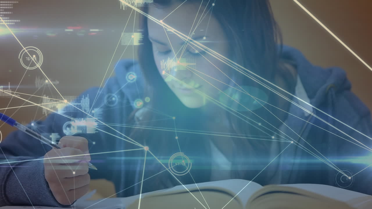 animación de estudiantes sentados en escritorios a través de una red de conexiones, procesamiento de datos en el fondo.