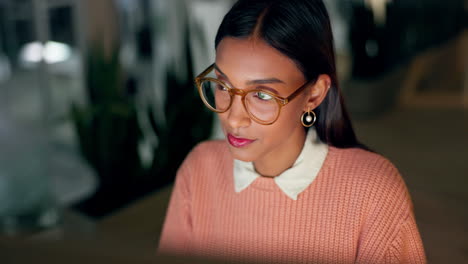 business, night and woman with glasses