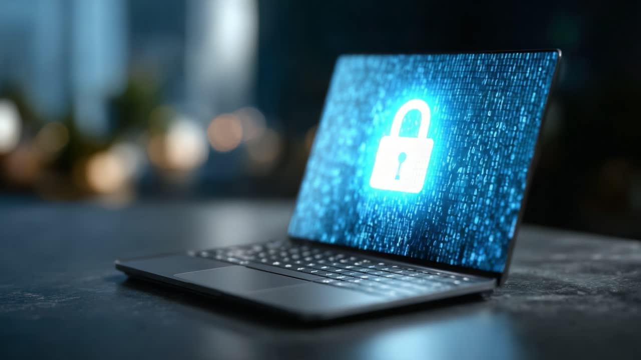 A Secure Digital Landscape: A Laptop Displaying a Lock Symbol Surrounded by Binary Code, Representing Cybersecurity and Data Protection in the Modern Age